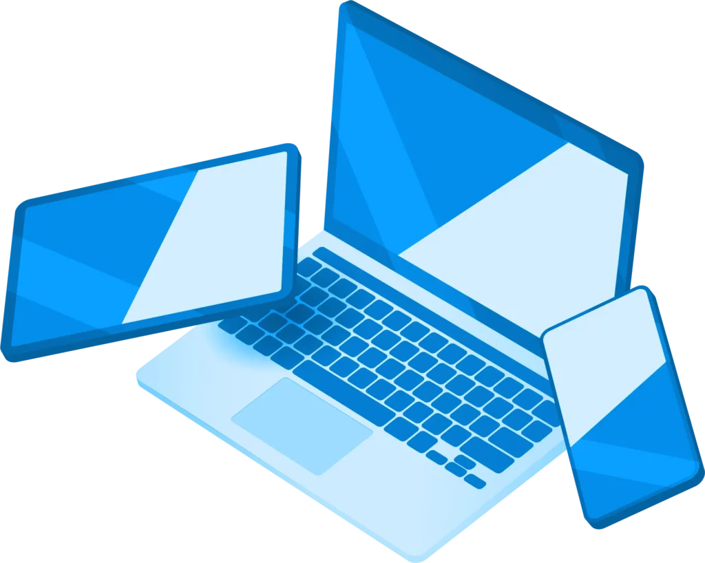 A laptop and tablet on a blue background.