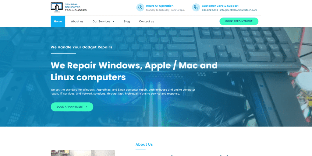 Website homepage for a computer repair service in Red Deer, offering repairs for Windows, Apple/Mac, and Linux computers with a call-to-action button for booking appointments.