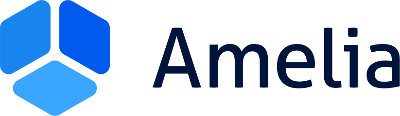 Logo of amelia featuring a stylized blue flower icon next to the word "amelia" in dark blue font.