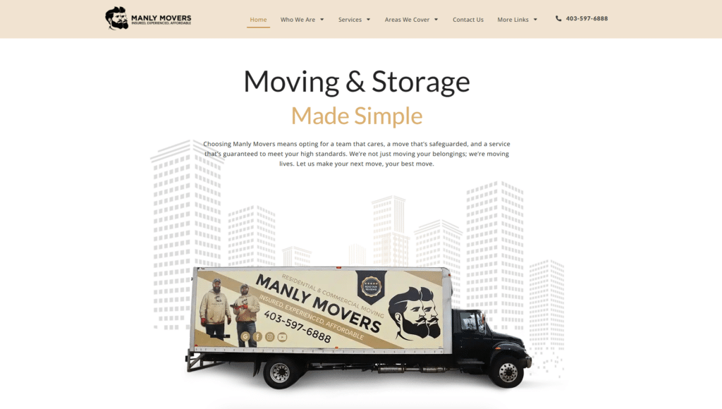 A screenshot of a moving company's Red Deer web design homepage featuring their branded truck and contact information.