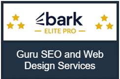 A badge with the Bark Elite Pro logo and five stars above the words "Guru SEO and Web Design Services" signifies the pinnacle of online marketing excellence.