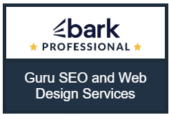 A logo featuring the text "bark PROFESSIONAL" with two stars above, set against a dark background, prominently highlights "Guru SEO and Web Design Services.