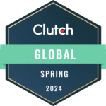 A hexagonal badge with "Clutch" at the top, a ribbon labeled "Global," and "Spring 2024" at the bottom. The badge features a dark blue background with teal and gold accents, proudly showcasing Guru SEO and Web Design Services.